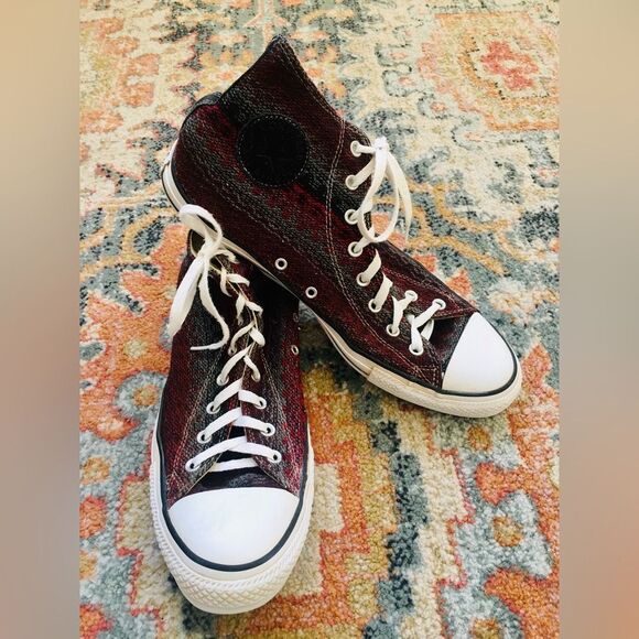 CONVERSE Red Black Gray SW Blanket Weave High Hi Top Shoes Men's 12 Women's 14 T - Picture 2 of 9